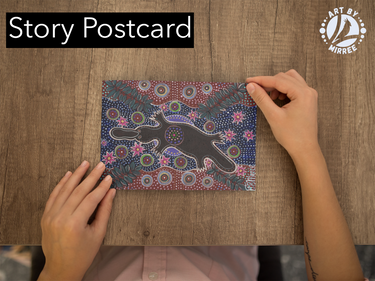 'Platypus Dreaming with Purple Moon and Pink Lotus flowers' Aboriginal Art A6 Story PostCard Single by Mirree